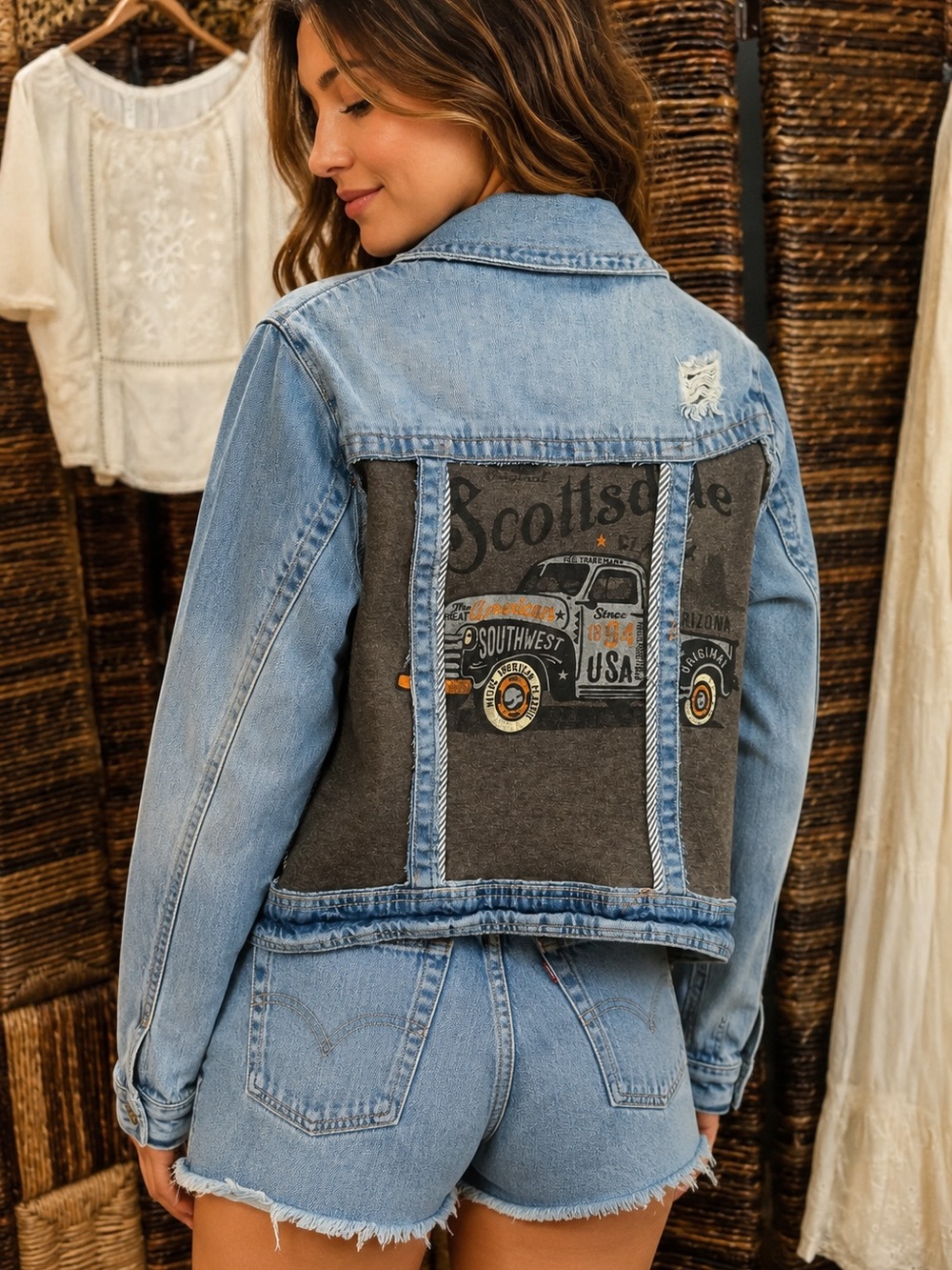 Upcycled pistola Light Blue Denim Jacket with Gray Graphic Back Panel